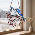 Blue Jay Couple on Icy Berry Branch Holographic Acrylic Suncatcher