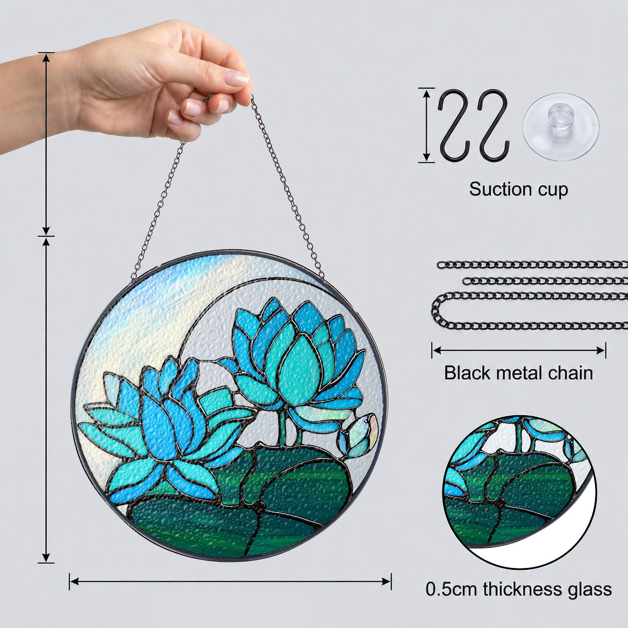 Blue lotus suncatcher details: black metal chain, suction cup, and 0.5 cm thick glass