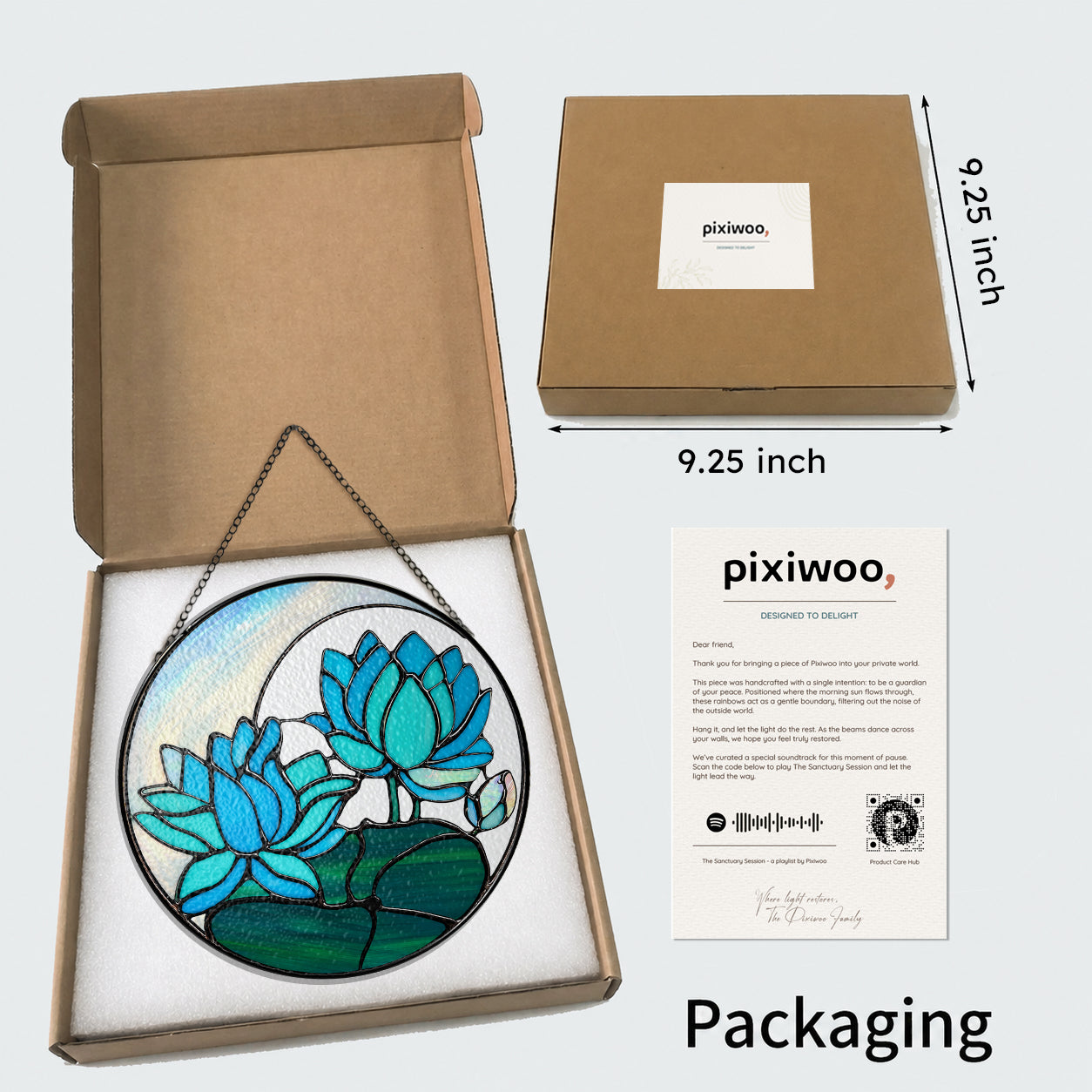 Blue lotus suncatcher in Pixiwoo gift box with protective foam