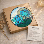 Blue lotus stained glass suncatcher on Pixiwoo gift packaging with a thank-you card