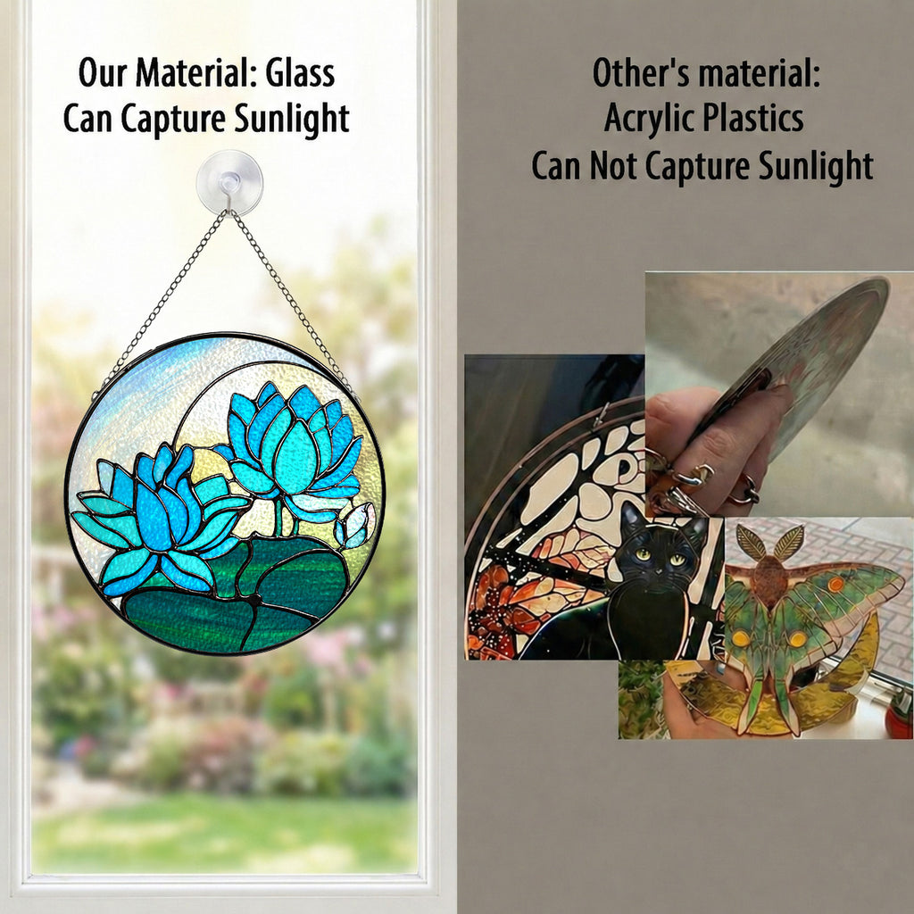 Real glass blue lotus suncatcher compared with acrylic, glass captures sunlight