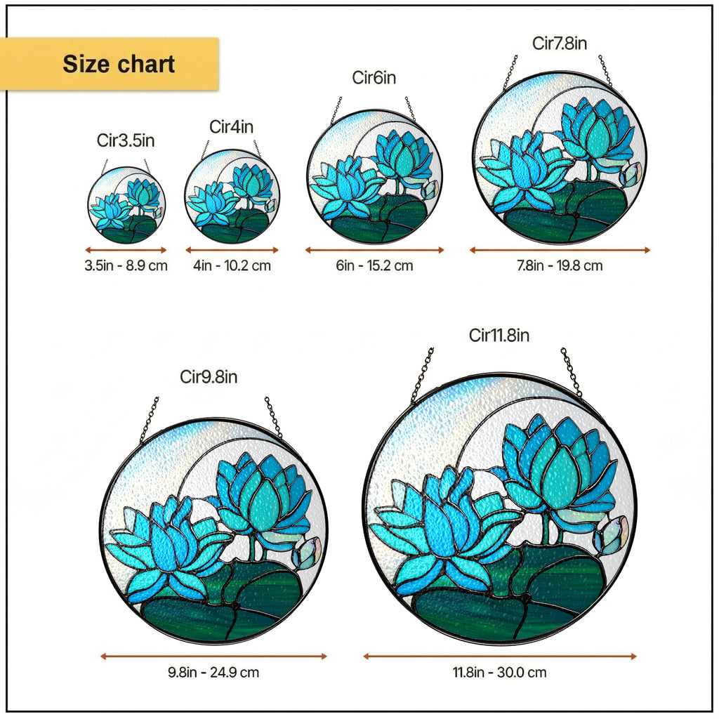 Blue lotus suncatcher size chart with 3.5, 4, 6, 7.8, 9.8, and 11.8 inch options