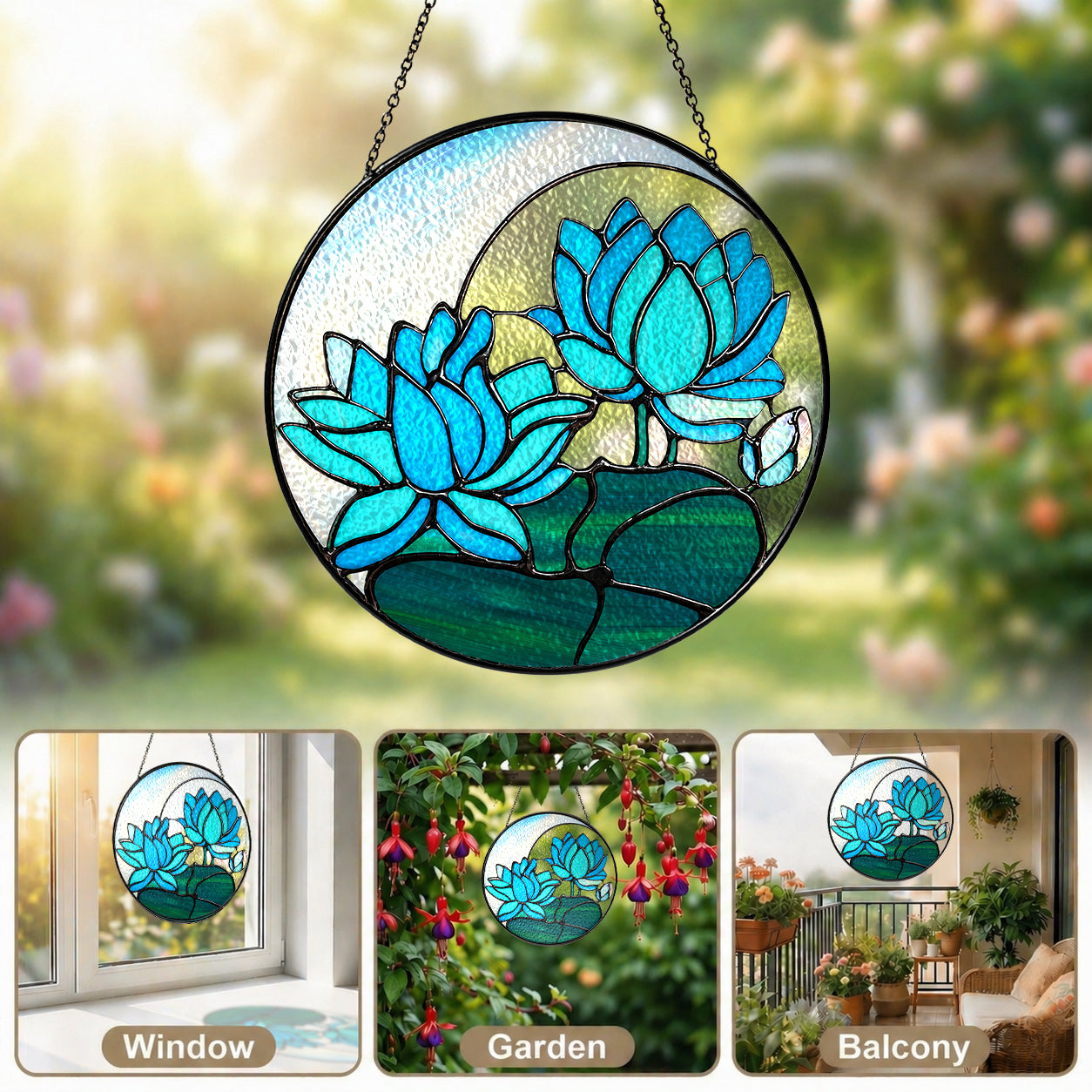 Blue lotus suncatcher shown as window, garden, and balcony decor