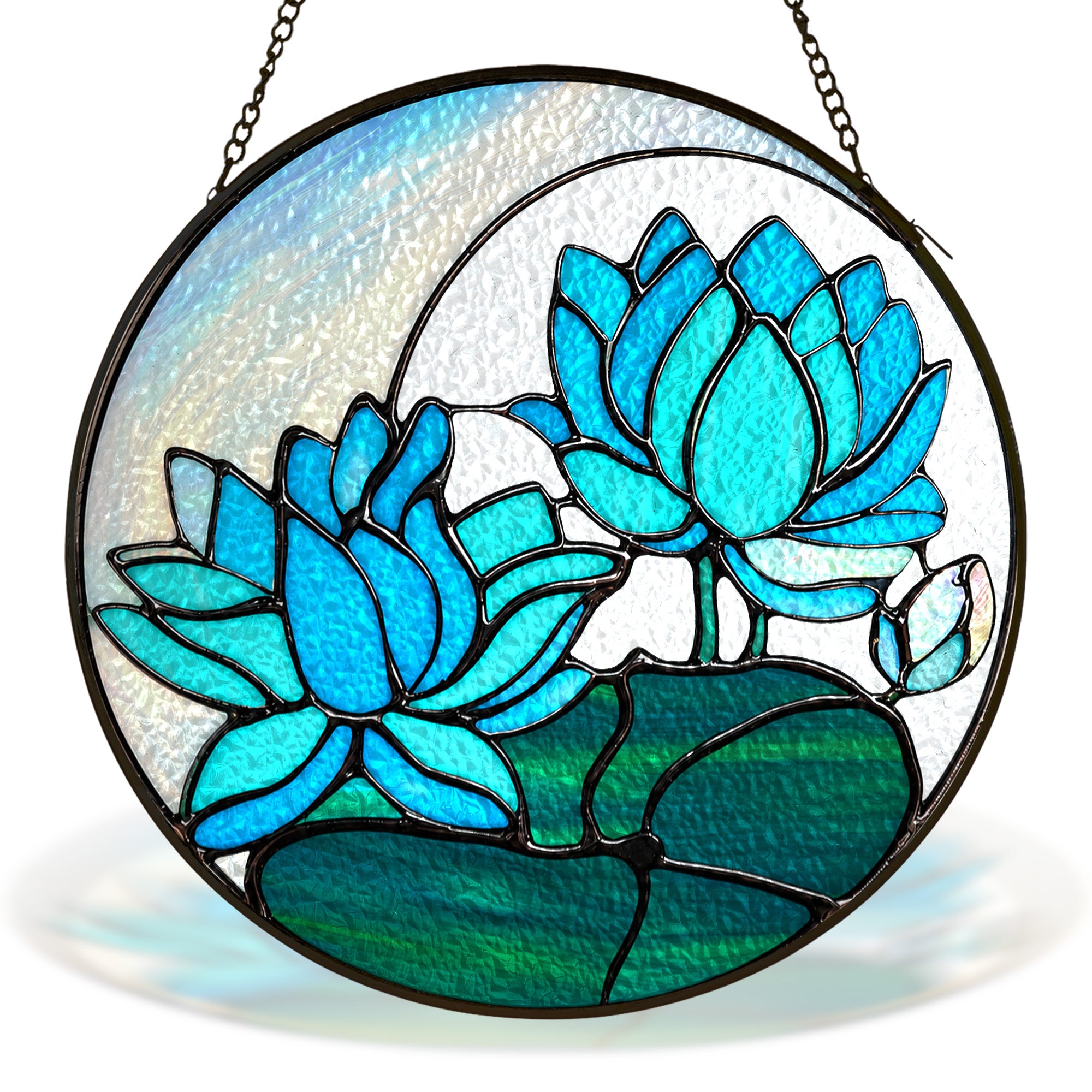 Blue lotus stained glass suncatcher with crescent moon and black frame on a white background