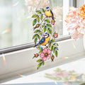 Blue tit and wild rose holographic acrylic suncatcher with rainbow broken-glass hologram finish, hanging window ornament