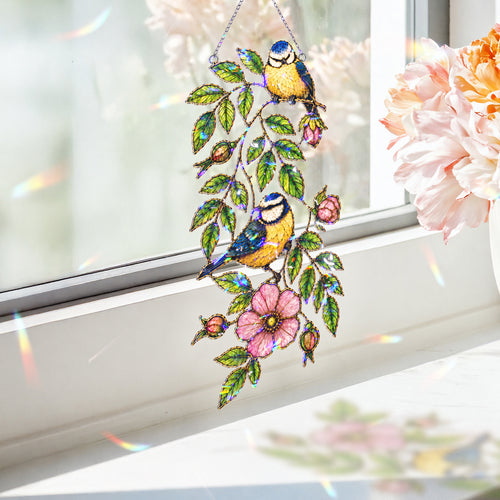 Blue tit and wild rose holographic acrylic suncatcher with rainbow broken-glass hologram finish, hanging window ornament