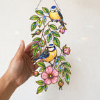 Blue tit and wild rose acrylic suncatcher gift, ready-to-hang holographic window decor