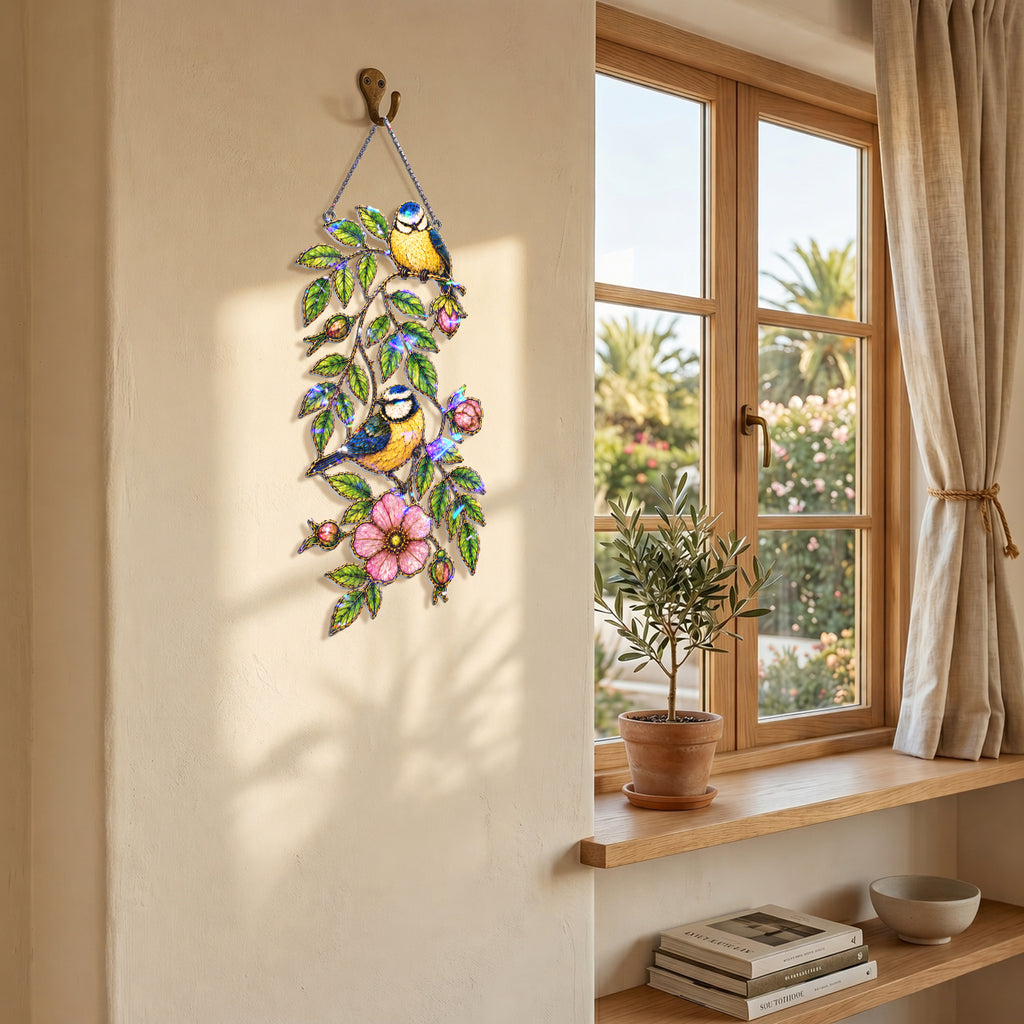 Blue tit and wild rose holographic suncatcher shown from an angle highlighting its holographic shimmer