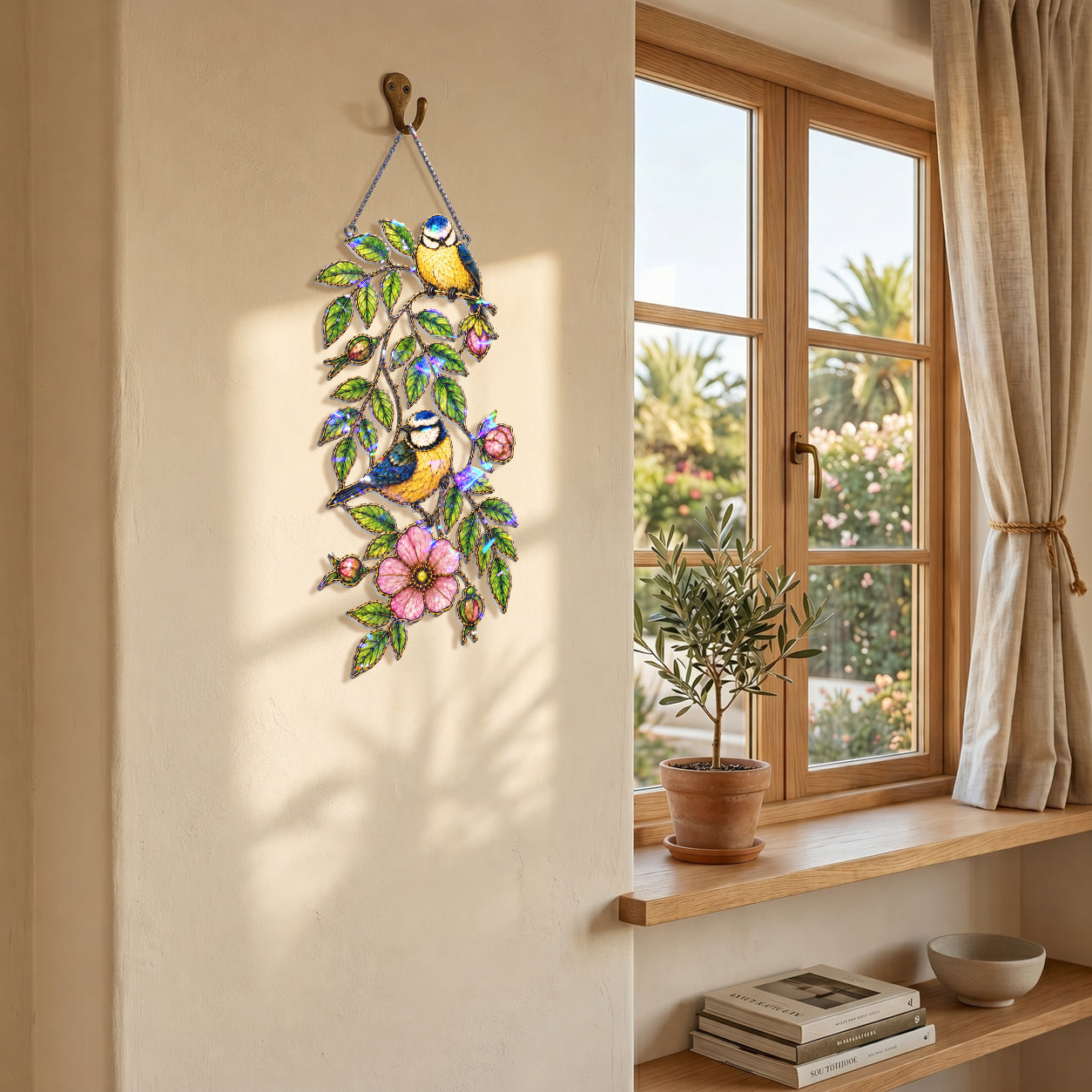 Blue tit and wild rose holographic suncatcher shown from an angle highlighting its holographic shimmer
