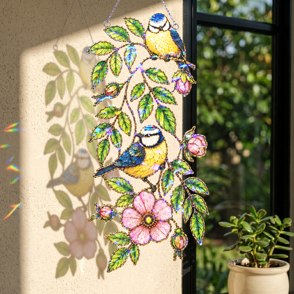 Close-up detail of the blue tit and wild rose holographic acrylic suncatcher's wavy acrylic and hologram texture