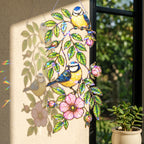 Close-up detail of the blue tit and wild rose holographic acrylic suncatcher's wavy acrylic and hologram texture