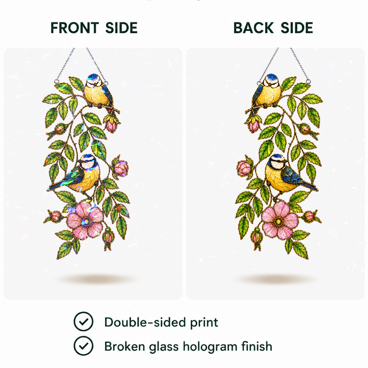 Blue tit and wild rose acrylic suncatcher available in 6, 8, 10 and 12 inch sizes