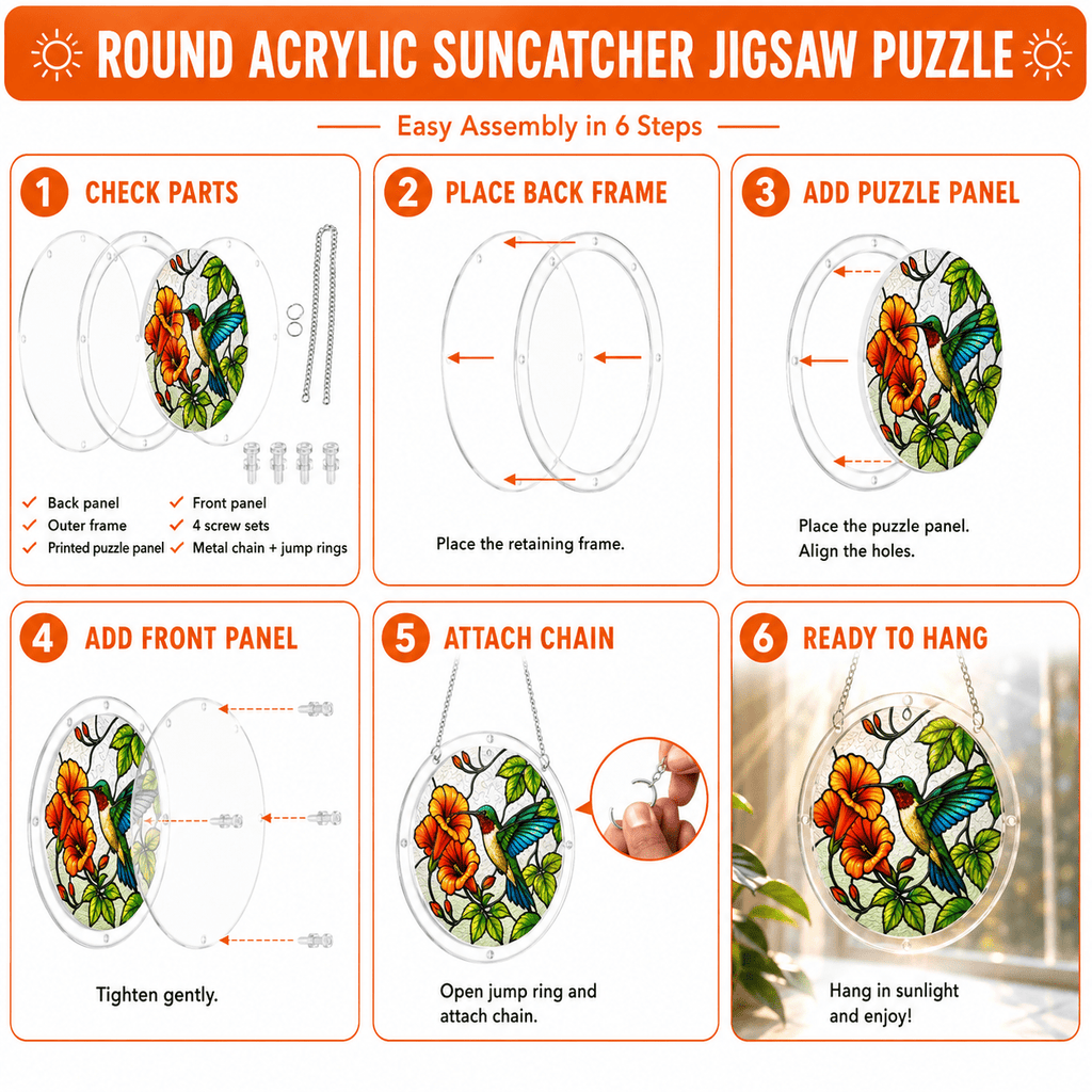 Easy assembly guide for blue wing hummingbird orange flower acrylic puzzle suncatcher