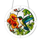 Front view of blue wing hummingbird orange flower acrylic puzzle suncatcher