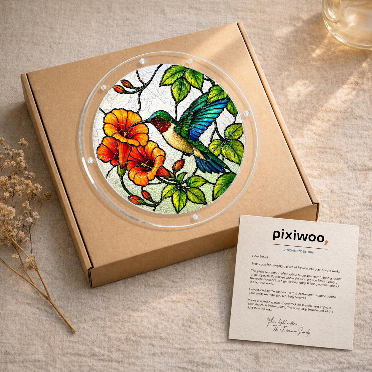 Blue wing hummingbird orange flower acrylic puzzle suncatcher with gift-ready packaging