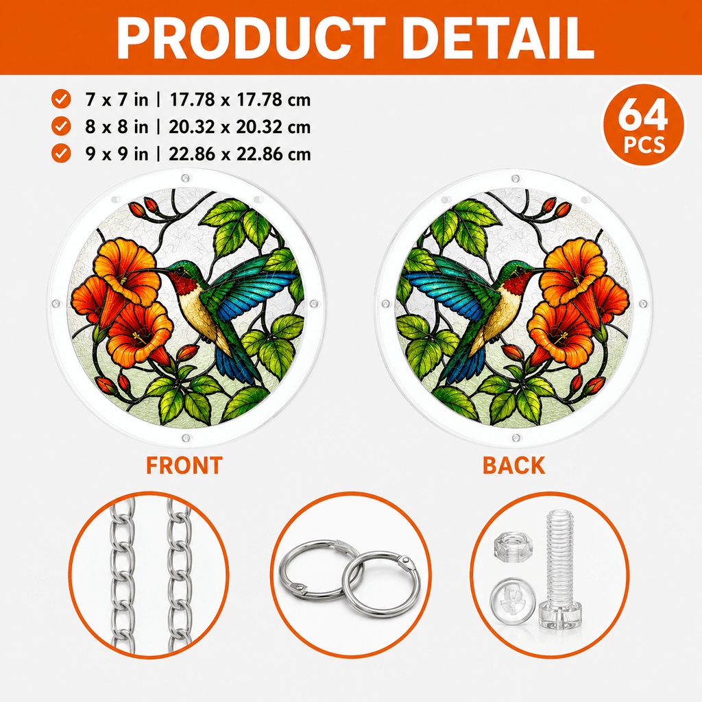 Product details of blue wing hummingbird orange flower acrylic puzzle suncatcher with chain and screw sets