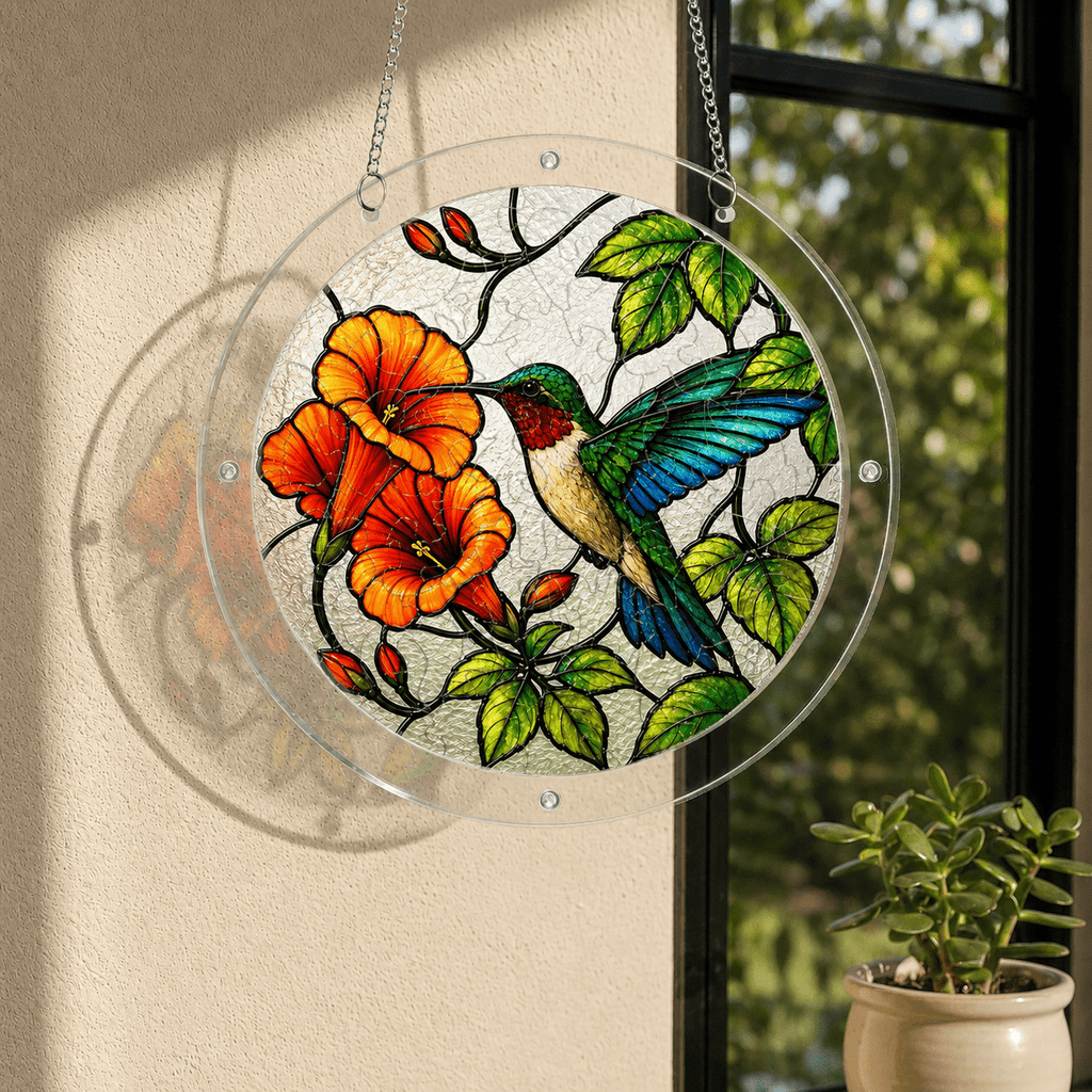 Blue wing hummingbird orange flower acrylic puzzle suncatcher displayed in sunlight near a window