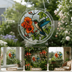 Blue wing hummingbird orange flower acrylic puzzle suncatcher for window garden and balcony decor