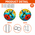 Product detail image showing front and back views, 64 pieces, sizes, metal chain, jump rings, and screw set for hummingbird puzzle suncatcher