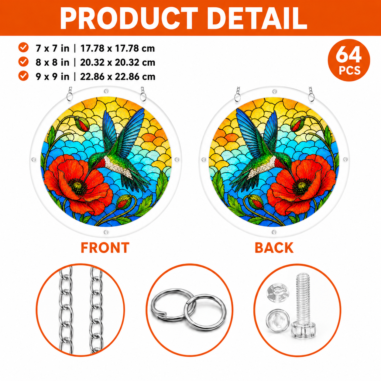 Product detail image showing front and back views, 64 pieces, sizes, metal chain, jump rings, and screw set for hummingbird puzzle suncatcher