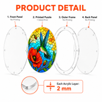 Product detail image showing acrylic layers of a round blue wing hummingbird poppy flower puzzle suncatcher and 2 mm layer thickness