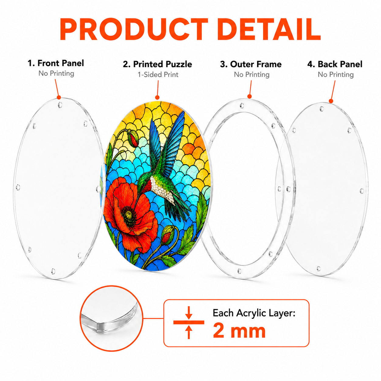 Product detail image showing acrylic layers of a round blue wing hummingbird poppy flower puzzle suncatcher and 2 mm layer thickness