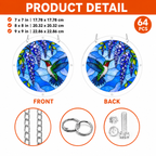 Product detail image showing front and back views, 64 pieces, sizes, metal chain, jump rings, and screw set for blue wisteria hummingbird puzzle suncatcher