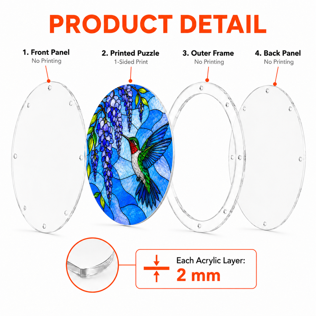 Product detail image showing acrylic layers of a round blue wisteria hummingbird puzzle suncatcher and 2 mm layer thickness