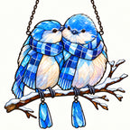 Bluebird Couple in Plaid Scarves on a Snowy Branch Holographic Acrylic Suncatcher