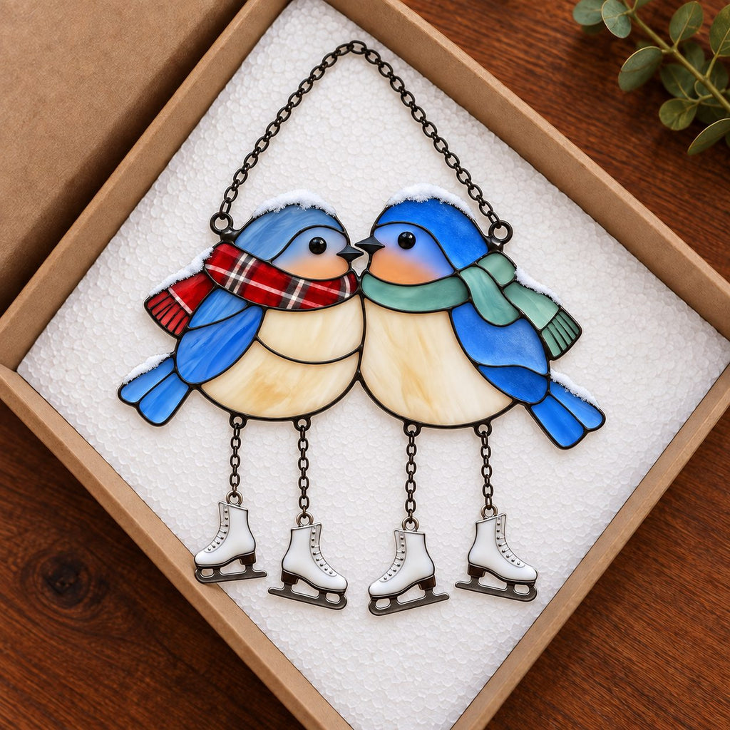Bluebird Couple with Ice Skates Holographic Acrylic Suncatcher