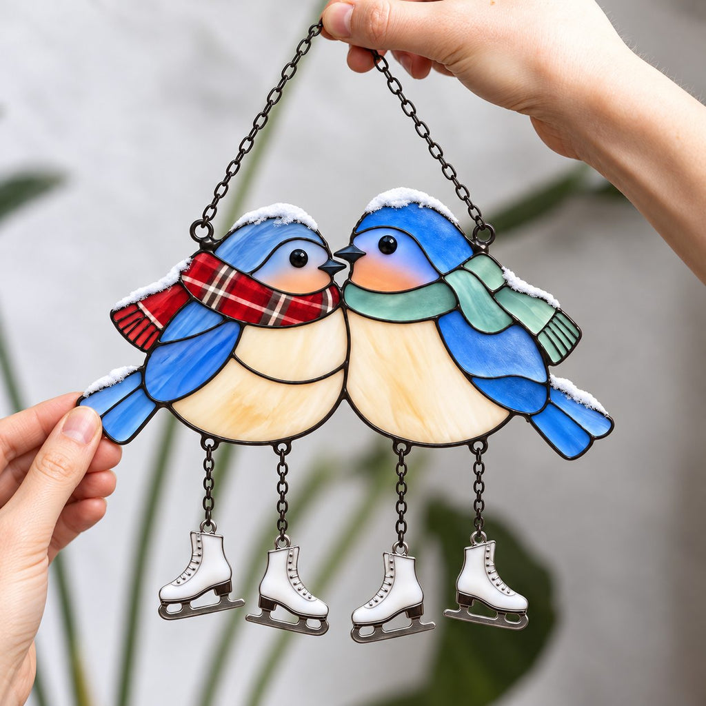 Bluebird Couple with Ice Skates Holographic Acrylic Suncatcher