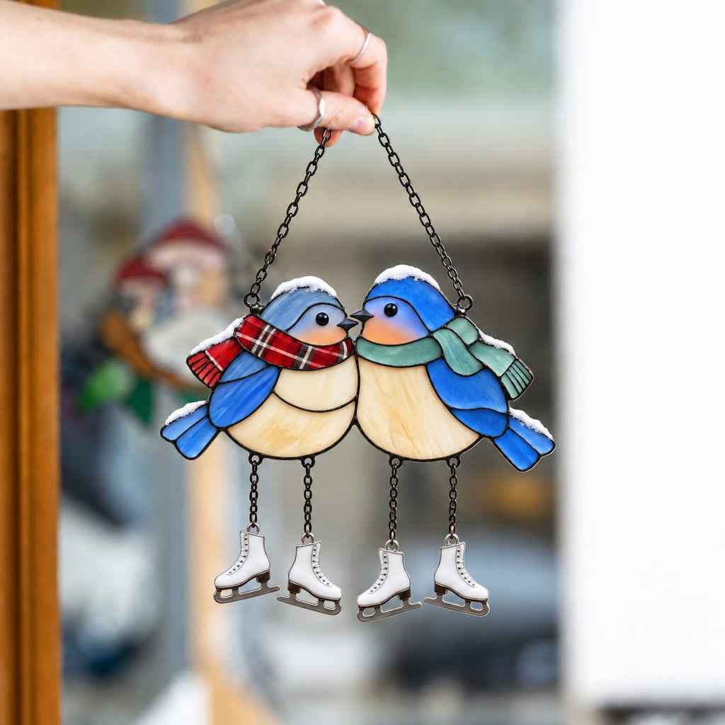 Bluebird Couple with Ice Skates Holographic Acrylic Suncatcher