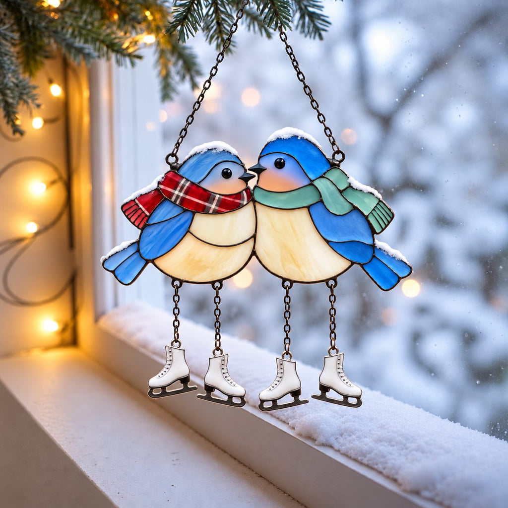 Bluebird Couple with Ice Skates Holographic Acrylic Suncatcher