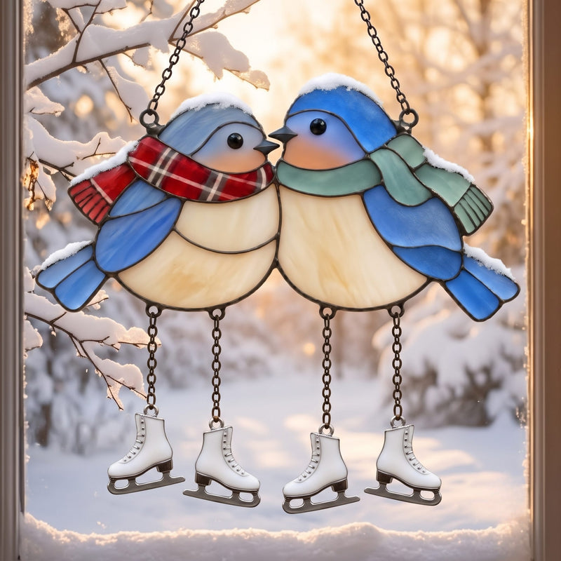 Bluebird Couple with Ice Skates Holographic Acrylic Suncatcher