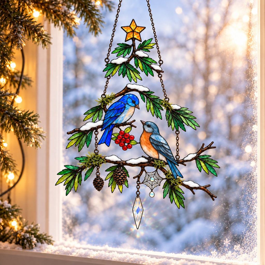 Bluebird Pair Snowy Pine Tree Holographic Acrylic Suncatcher