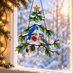 Bluebird Pair Snowy Pine Tree Holographic Acrylic Suncatcher