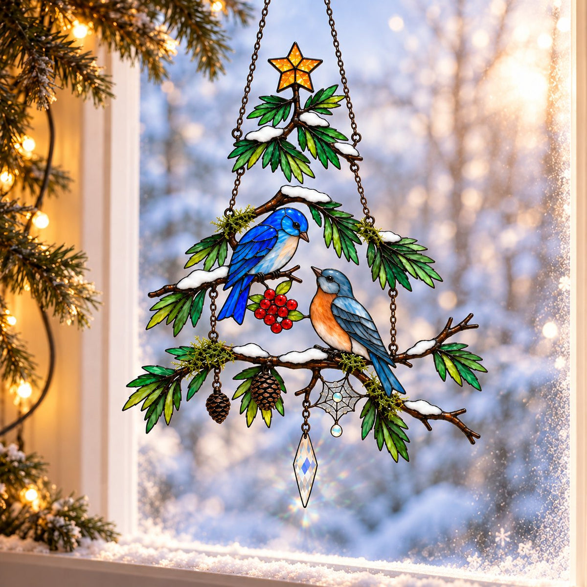 Bluebird Pair Snowy Pine Tree Holographic Acrylic Suncatcher