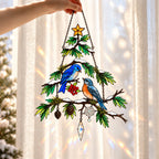 Bluebird Pair Snowy Pine Tree Holographic Acrylic Suncatcher