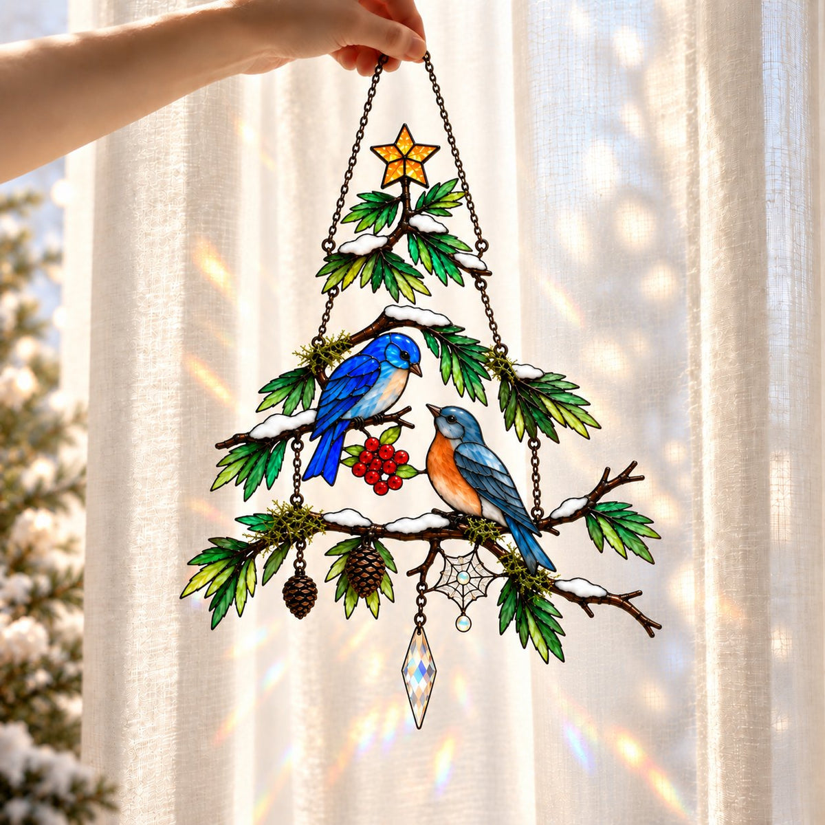 Bluebird Pair Snowy Pine Tree Holographic Acrylic Suncatcher