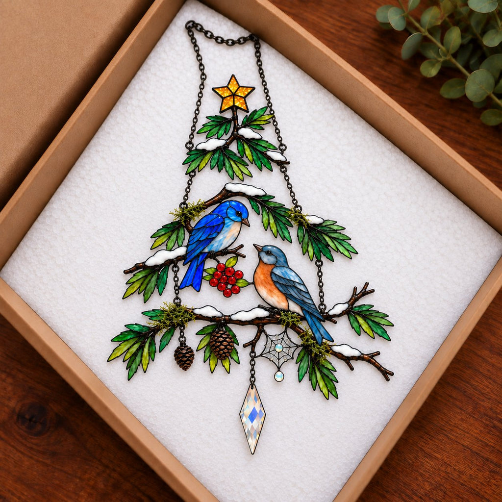 Bluebird Pair Snowy Pine Tree Holographic Acrylic Suncatcher