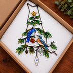Bluebird Pair Snowy Pine Tree Holographic Acrylic Suncatcher