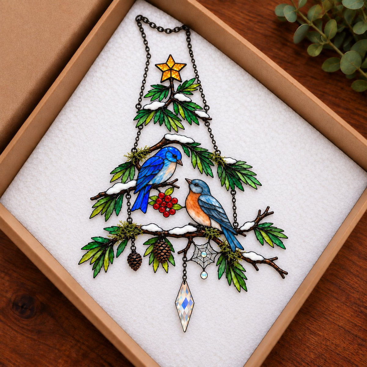 Bluebird Pair Snowy Pine Tree Holographic Acrylic Suncatcher