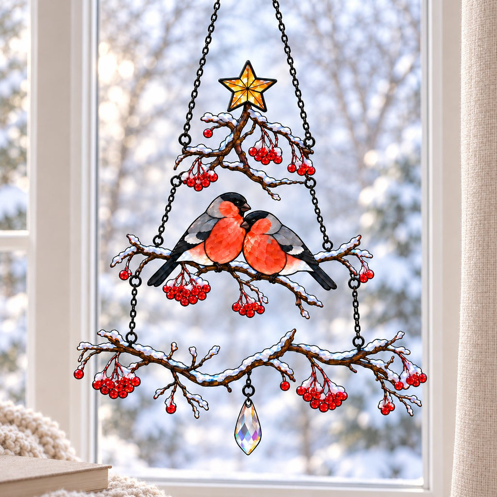 Bullfinch Pair Rowan Berry Christmas Tree Holographic Acrylic Suncatcher