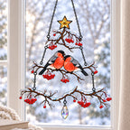 Bullfinch Pair Rowan Berry Christmas Tree Holographic Acrylic Suncatcher