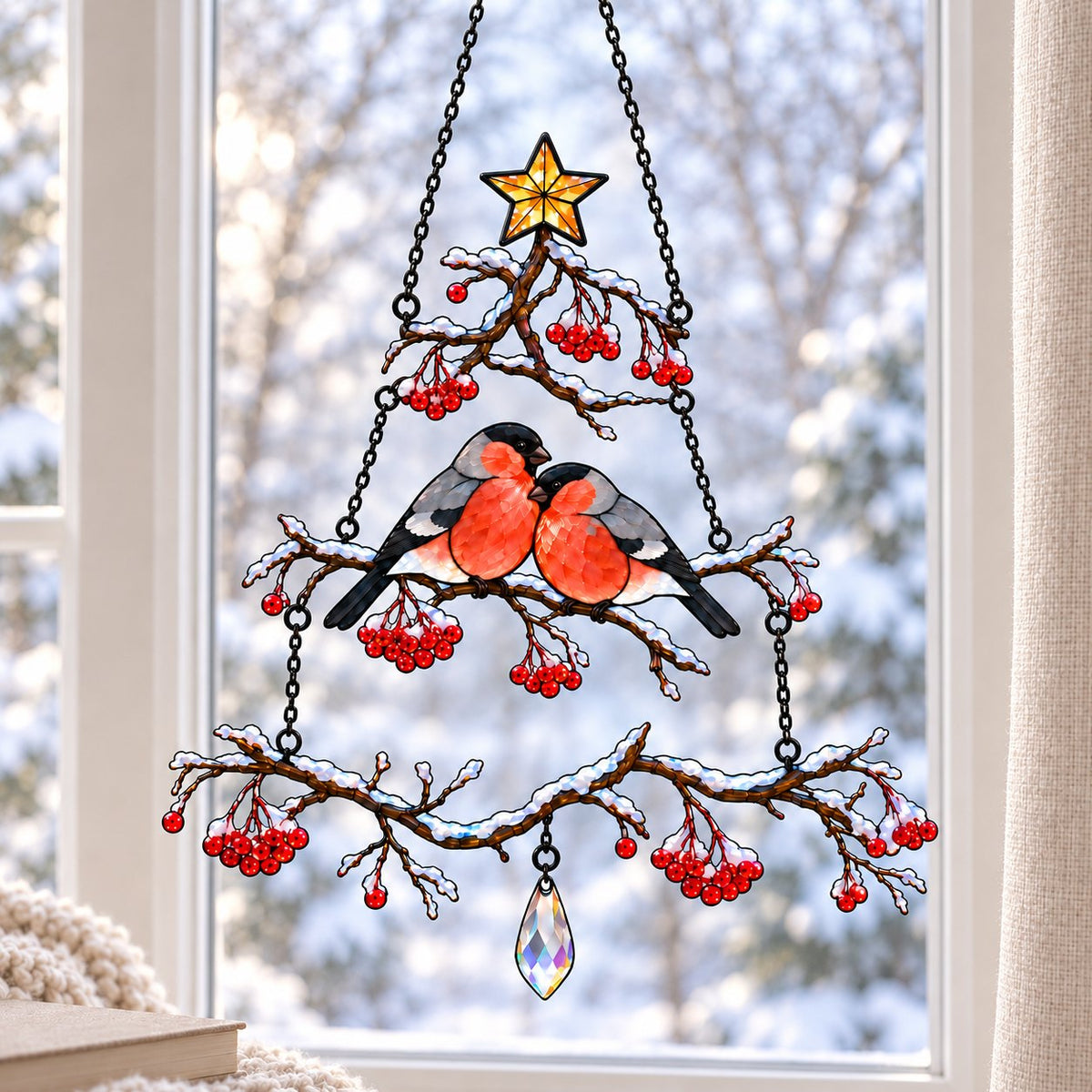 Bullfinch Pair Rowan Berry Christmas Tree Holographic Acrylic Suncatcher