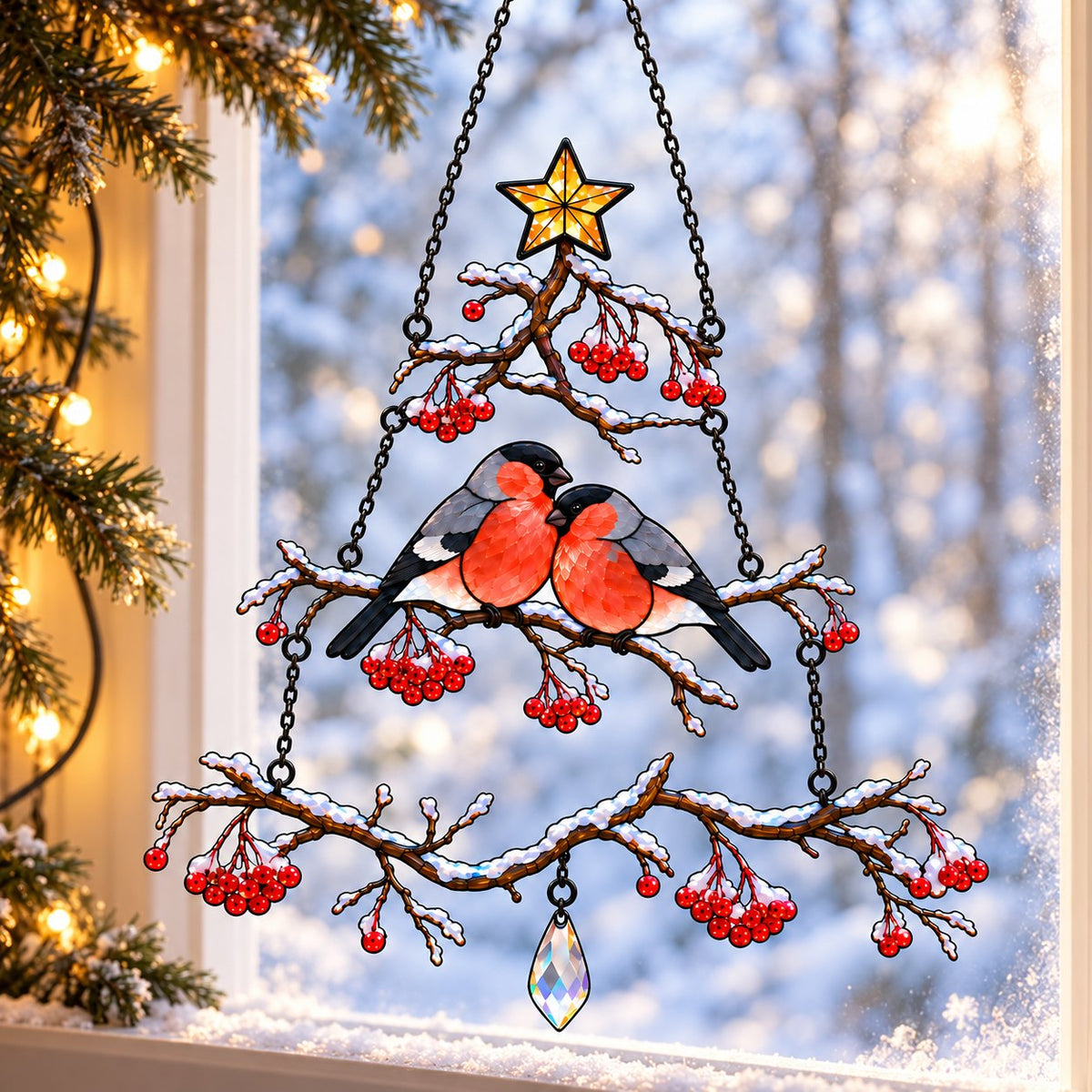 Bullfinch Pair Rowan Berry Christmas Tree Holographic Acrylic Suncatcher