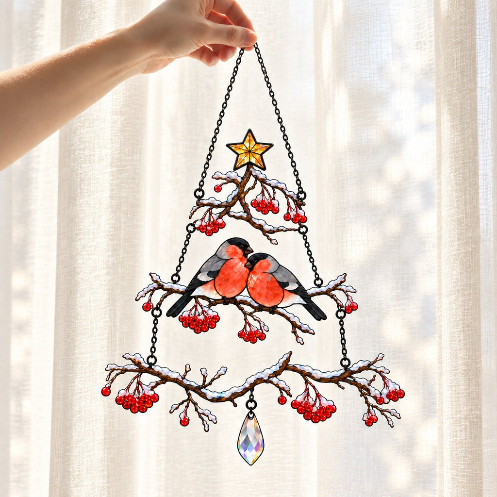 Bullfinch Pair Rowan Berry Christmas Tree Holographic Acrylic Suncatcher