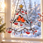 Bullfinch Pair Rowan Berry Christmas Tree Holographic Acrylic Suncatcher