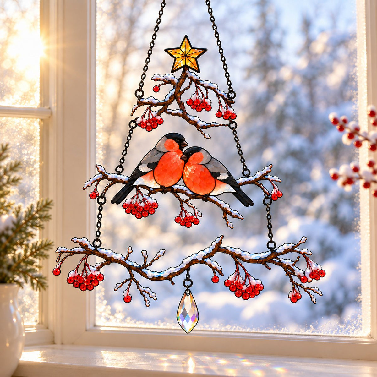 Bullfinch Pair Rowan Berry Christmas Tree Holographic Acrylic Suncatcher