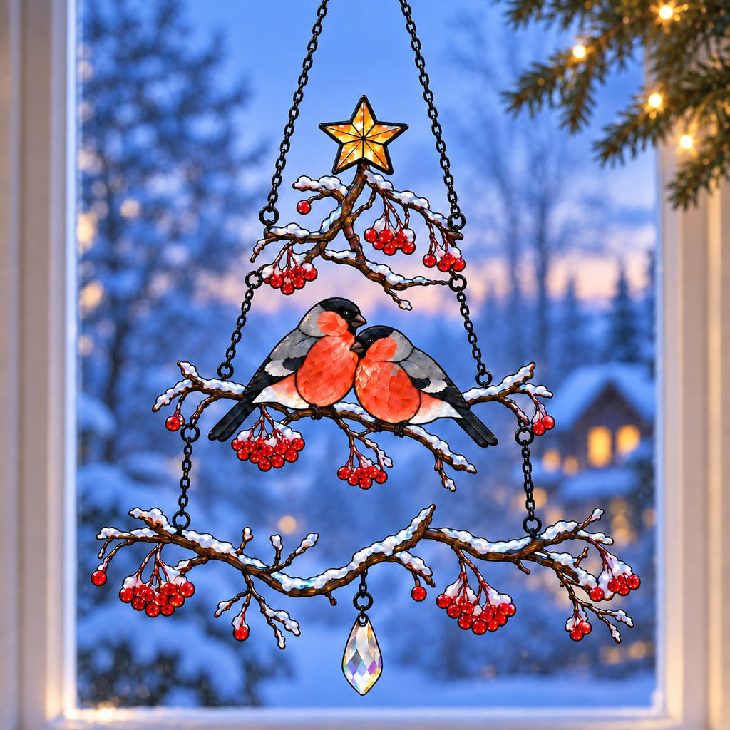 Bullfinch Pair Rowan Berry Christmas Tree Holographic Acrylic Suncatcher